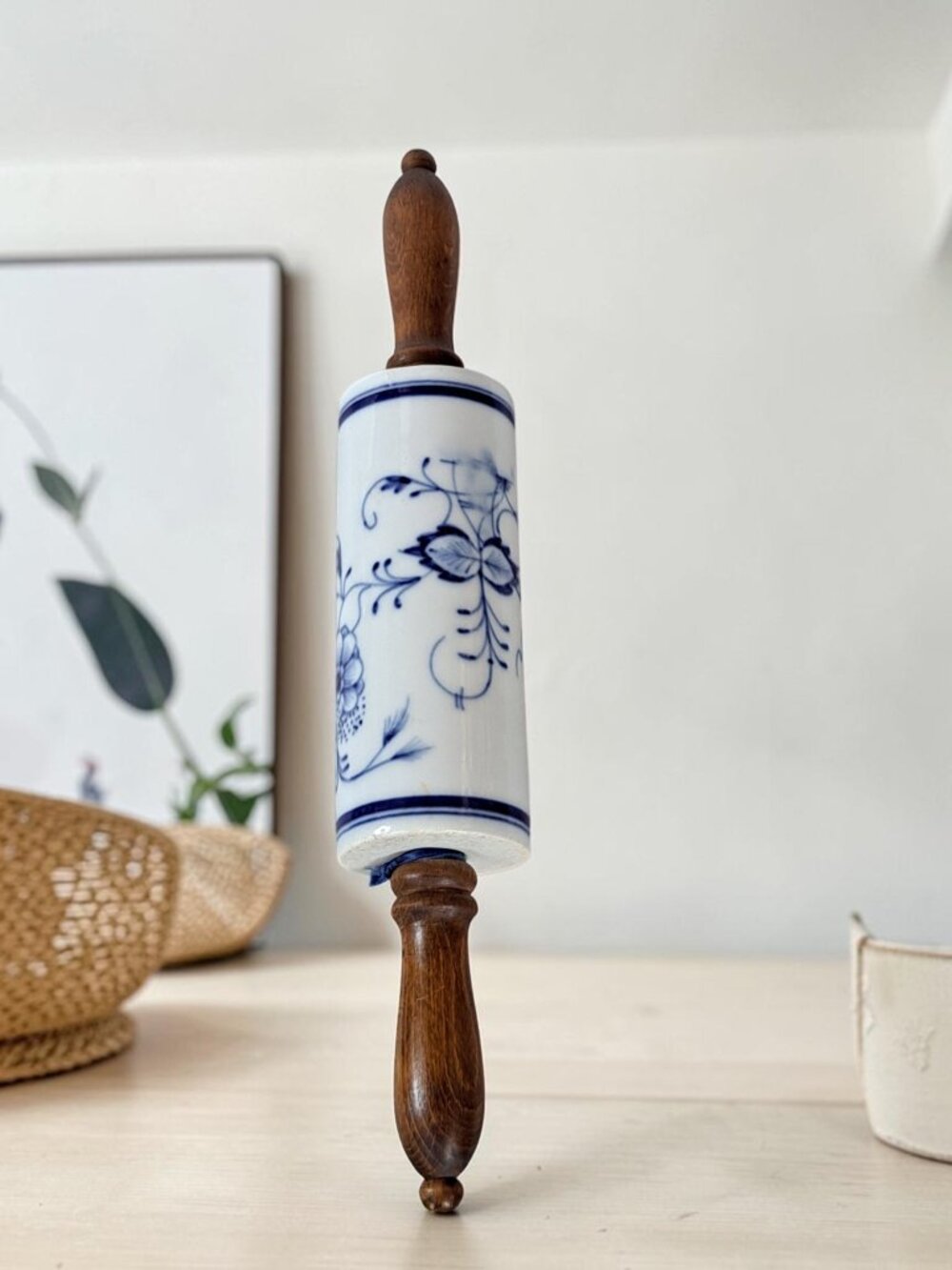 Rolling Pin Blue Onion Ceramic Floral Blue White Wood Handle